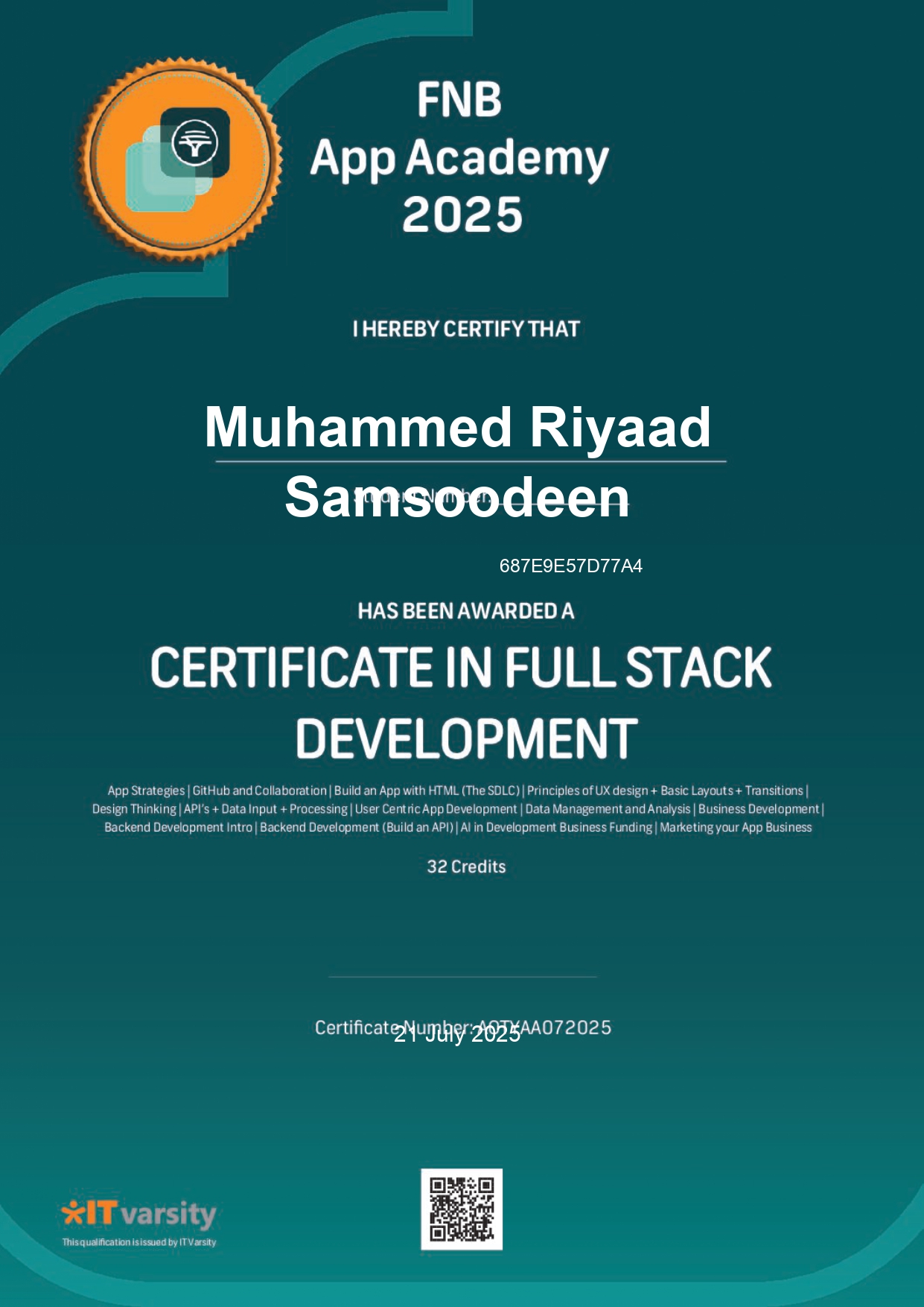FNB App Academy Certificate of Completion